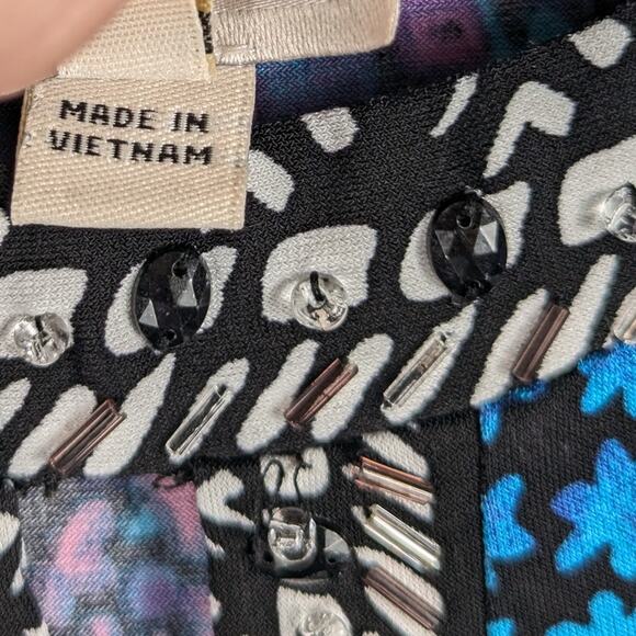 Beige by eci Dress 6 Embellished Neck Pink Blue Print Short Sleeve Stretch Bold - Picture 3 of 5